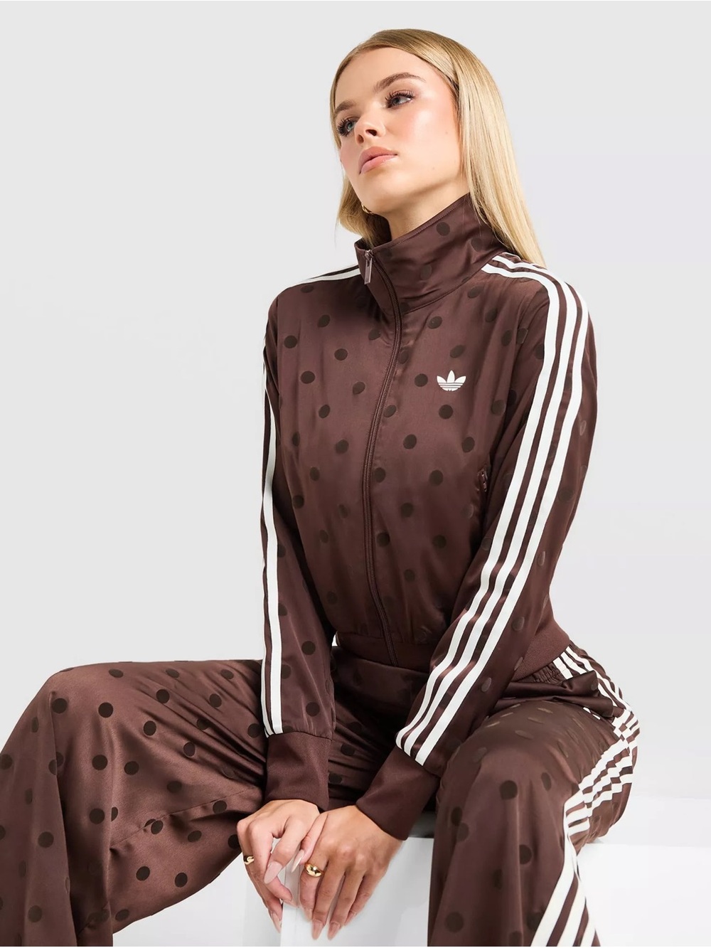adidas Brown Polka Dot Track Jacket & Pants with White Stripes